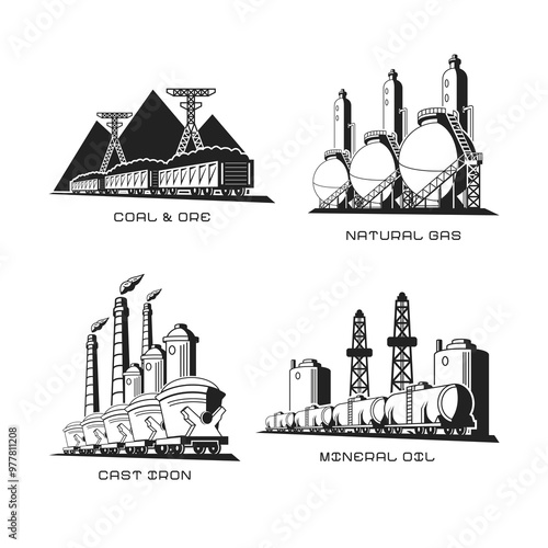 Set of vector industrial symbolic illustrations in flat style