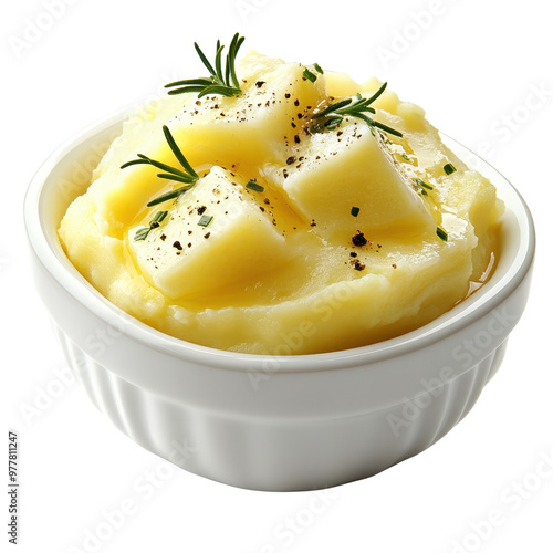 Delicious creamy mashed potato topped with butter and herbs, served in a white bowl on a bright background. PNG file, Transparent background.