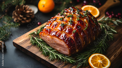 A baked Christmas ham with a honey glaze served on a wooden board with fresh rosemary and oranges ready to be carved. photo