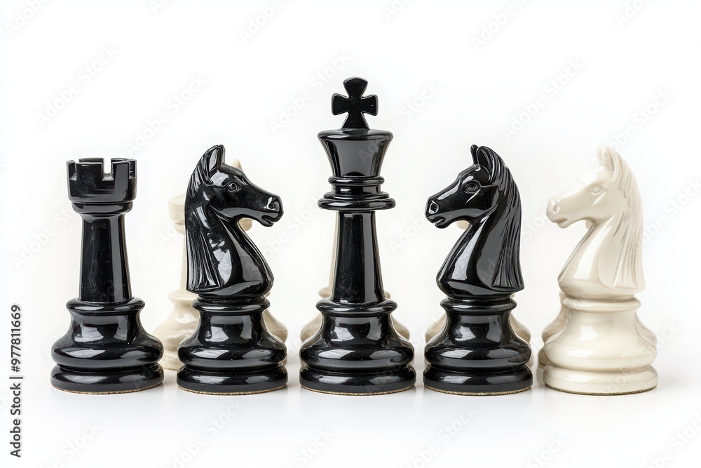 Elegant chess pieces featuring a black rook, king, knight, and white horse, perfect for strategy and game-themed visuals. Elegant chess pieces featuring a black rook, king, knight, and white horse, perfect for strategy and game-themed visuals.