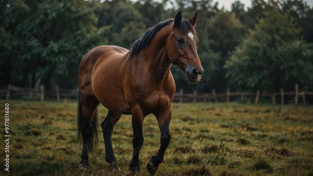 Dark Brown Horse Running Through a Fenced Field Dark Brown Horse Running Through a Fenced Field