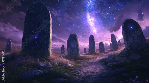 A Pathway of Ancient Stone Pillars Under a Starry Sky