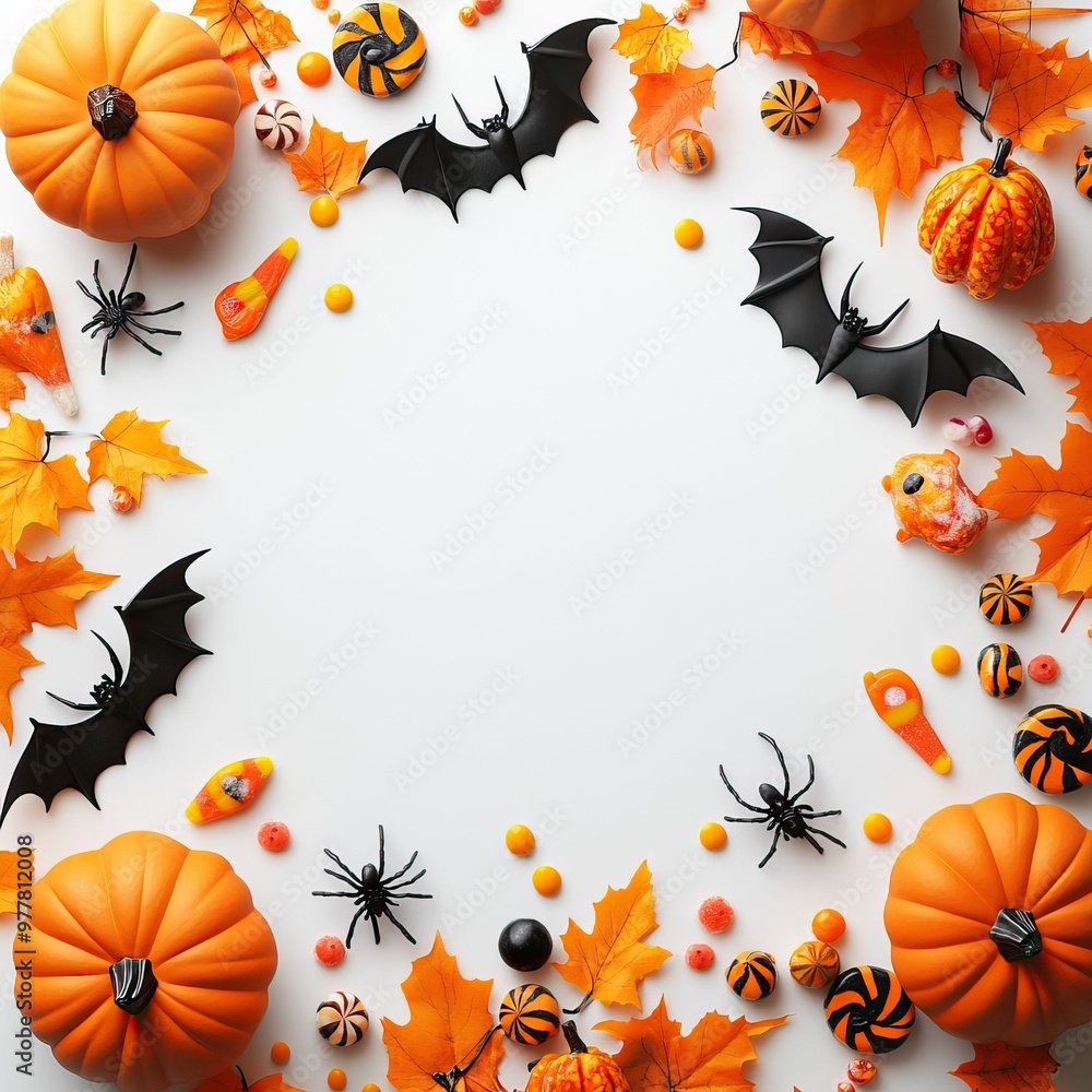 Obraz premium Halloween background, pumpkins, bat, candles, spiders