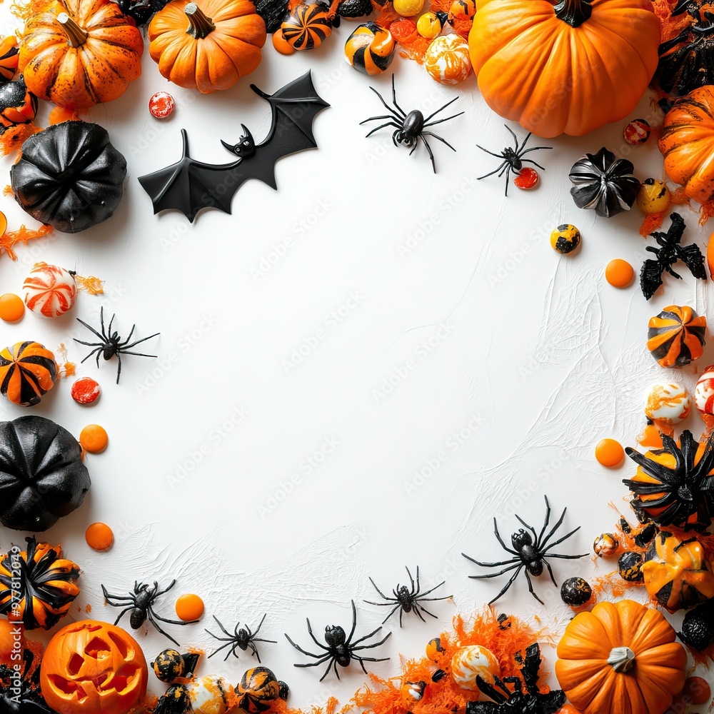 Obraz premium Halloween background, pumpkins, bat, candles, spiders