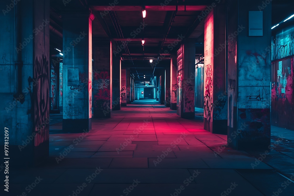 Neon lights illuminate a dark, abandoned hallway with graffiti on the walls Neon lights illuminate a dark, abandoned hallway with graffiti on the walls