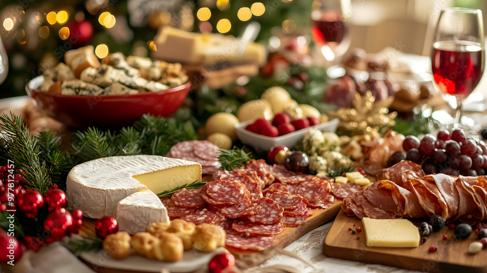 A Christmas dinner table set with a variety of appetizers including cheese platters charcuterie and freshly baked bread. A Christmas dinner table set with a variety of appetizers including cheese platters charcuterie and freshly baked bread.