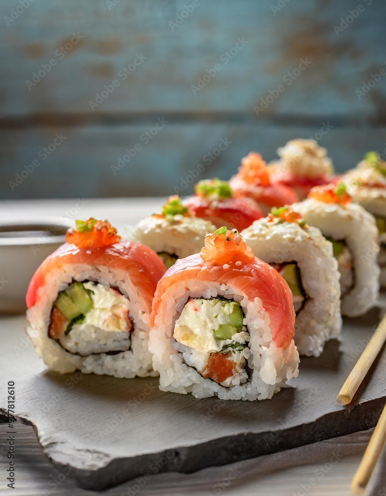 Fresh sushi rolls with depth of field showcasing vibrant seafood fillings and delicate rice Fresh sushi rolls with depth of field showcasing vibrant seafood fillings and delicate rice