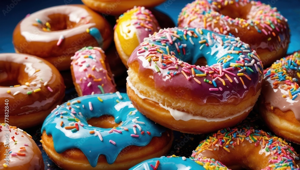 A row of colorful donuts with sprinkles on top A row of colorful donuts with sprinkles on top
