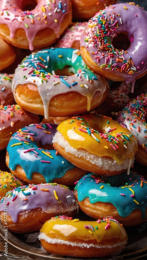 A stack of colorful donuts with sprinkles on top A stack of colorful donuts with sprinkles on top