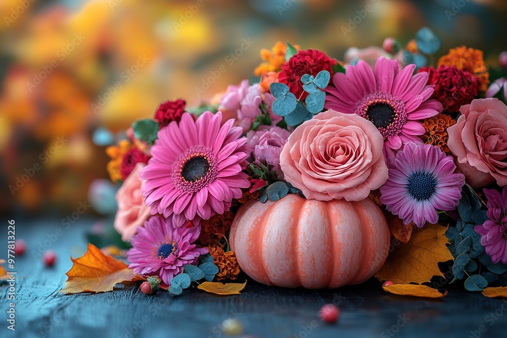 Obraz premium Thanksgiving or autumn scene with pumpkins, autumn leaves and berries on wooden table. Autumn background with copy space. Banner