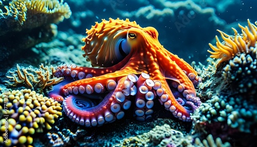 Colorful Octopus Blending in with Lush Underwater Coral Reef Life