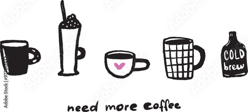 Need more coffee funny quote, different cups doodle drawing, modern trendy bold scribble line. Cappucino, espresso, latte and cold brew in bottle