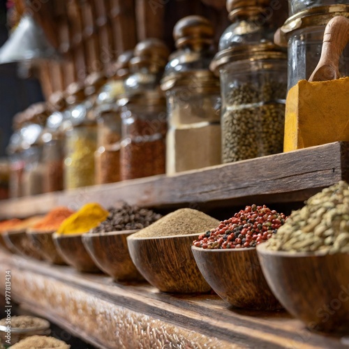 Traditional spice racks with depth of field featuring assorted spices and cultural heritage photo