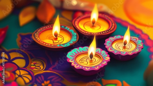 A vibrant image of traditional Diwali oil lamps (diyas) placed on a colorful rangoli design, glowing warmly in a festive atmosphere