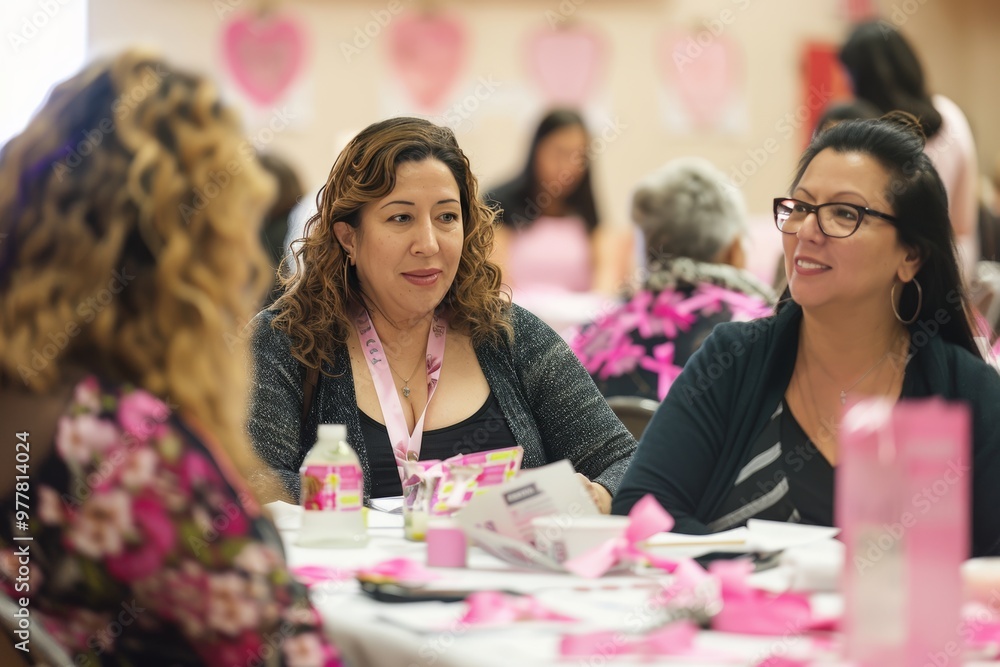 Fototapeta premium Women's Breast Cancer Prevention Event with Supportive Gathering and Pink Decor