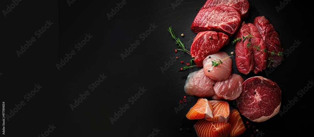 Naklejka premium A variety of raw meats including steaks salmon beef pork and chicken Black background Top view Copy space