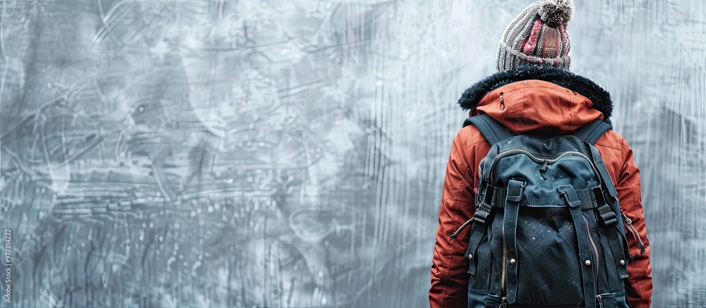 Back view of a contemporary hipster tourist adventurer in winter attire with an urban black backpack. Copy space image. Place for adding text and design Back view of a contemporary hipster tourist adventurer in winter attire with an urban black backpack. Copy space image. Place for adding text and design