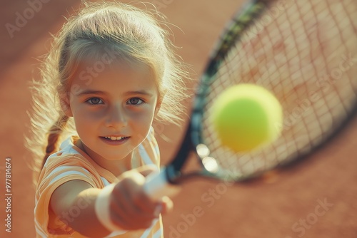 Smiling girl playing tennis on tennis court, kids sport concept