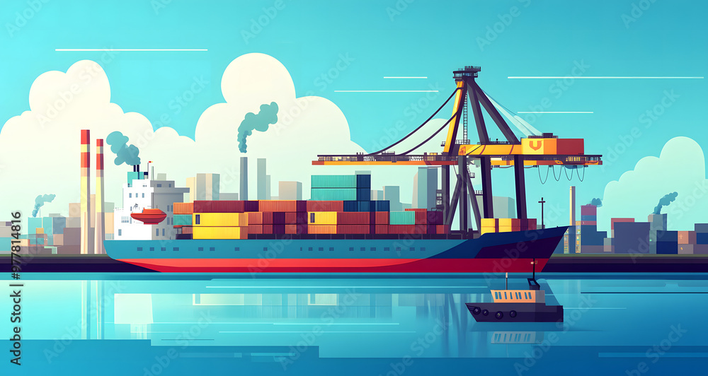 Shipping Port with Cargo Containers and Cranes, Industrial Harbor Illustration Shipping Port with Cargo Containers and Cranes, Industrial Harbor Illustration