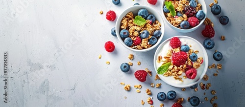 Homemade healthy granola with yogurt and berries presented on a light grey table top view Copyspace available