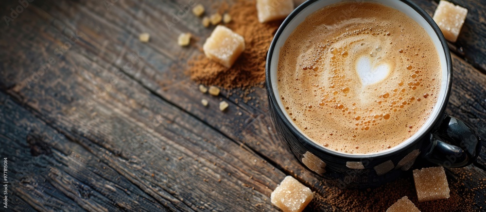 A cup of art latte coffee and brown sugar sticks resting on a dark wood tabletop close up with selective focus. Copy space image. Place for adding text and design A cup of art latte coffee and brown sugar sticks resting on a dark wood tabletop close up with selective focus. Copy space image. Place for adding text and design