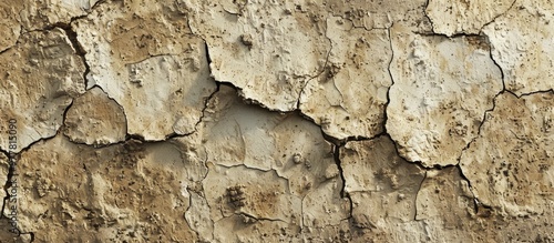 Mud plaster stone wall background texture Dry gray brown empty soil ground floor structure blank aged worn surface for backdrop Banner copyspace