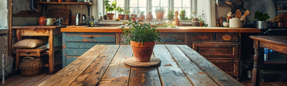 Fototapeta premium Potted plant on a wooden table in a kitchen, interior background, banner, copy space