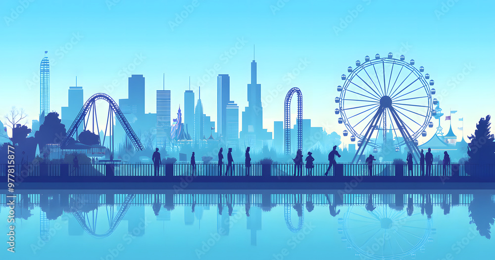 Fototapeta premium Amusement Park with Ferris Wheel, Roller Coaster, and Hot Air Balloons in Blue Silhouette Style