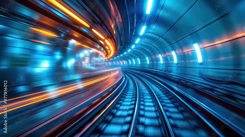High-speed motion blur of a train in a tunnel, with a futuristic cityscape background. A concept with light trails, blue and orange colors. High-speed motion blur of a train in a tunnel, with a futuristic cityscape background. A concept with light trails, blue and orange colors.