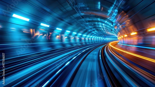High-speed motion blur of a train in a tunnel, with a futuristic cityscape background. A concept with light trails, blue and orange colors.