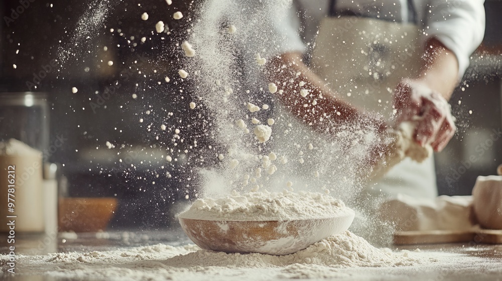 Fototapeta premium As billows of fine white flour burst forth, they paint a mesmerizing scene, evoking the exhilaration of baking and the artistry of culinary creation.
