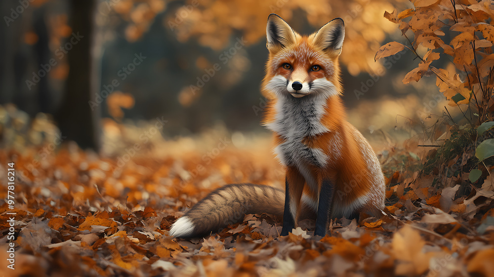 Naklejka premium Cute Fox Sitting Among Autumn Leaves