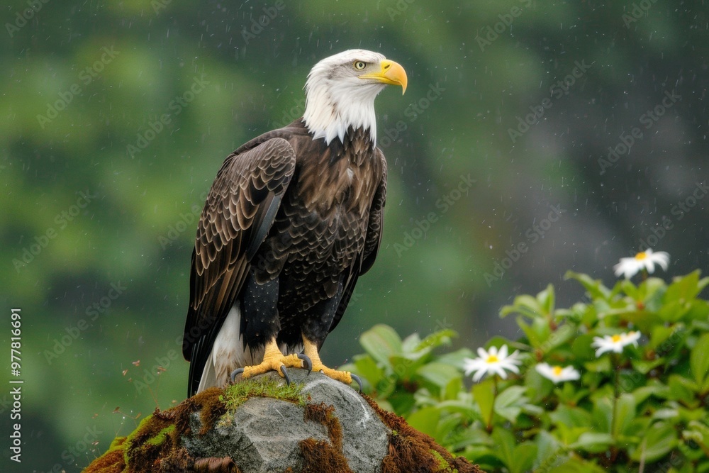 Obraz premium An image of a regal bald eagle perched high in a tree, its watchful gaze and commanding presence embodying the majesty of North American wildlif