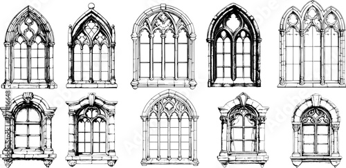 Vector vintage illustration of  Victorian window frame set. Antique gothic arch with ornate architectural lines.