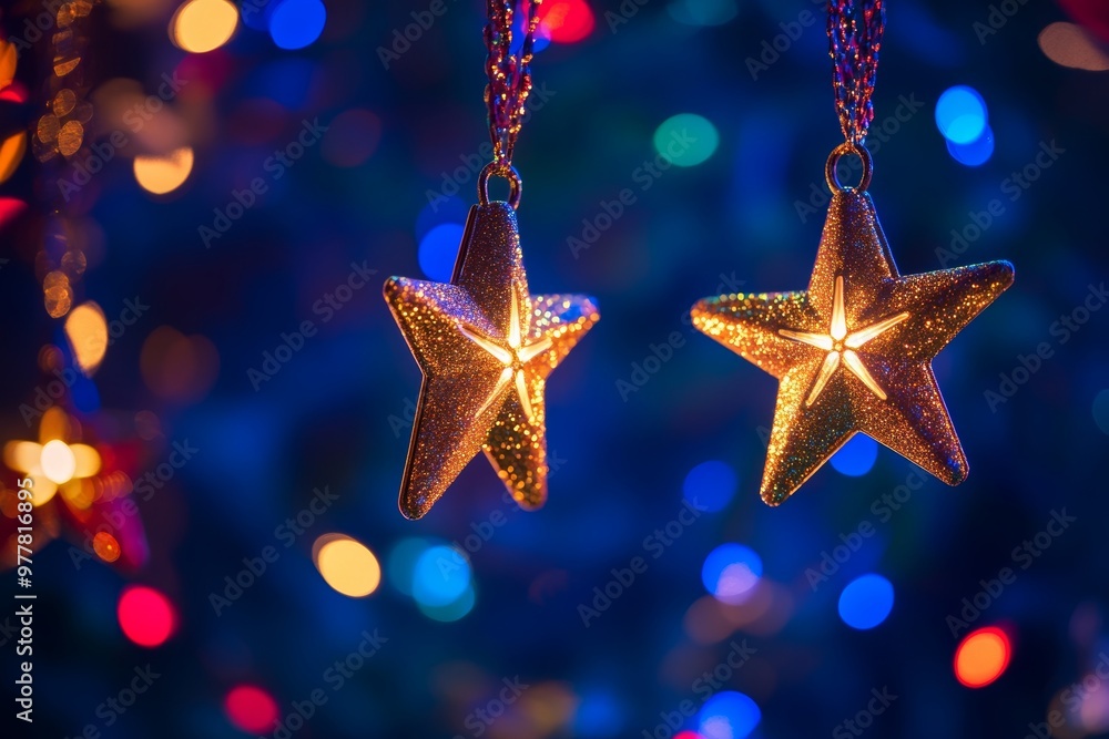 Festive night sky with glowing golden stars and colorful lights creating a magical atmosphere Festive night sky with glowing golden stars and colorful lights creating a magical atmosphere