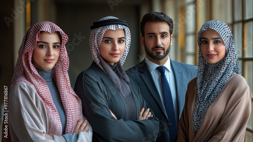 A modern Saudi group of professionals and children pose under dim spotlight, exuding luxury. photo