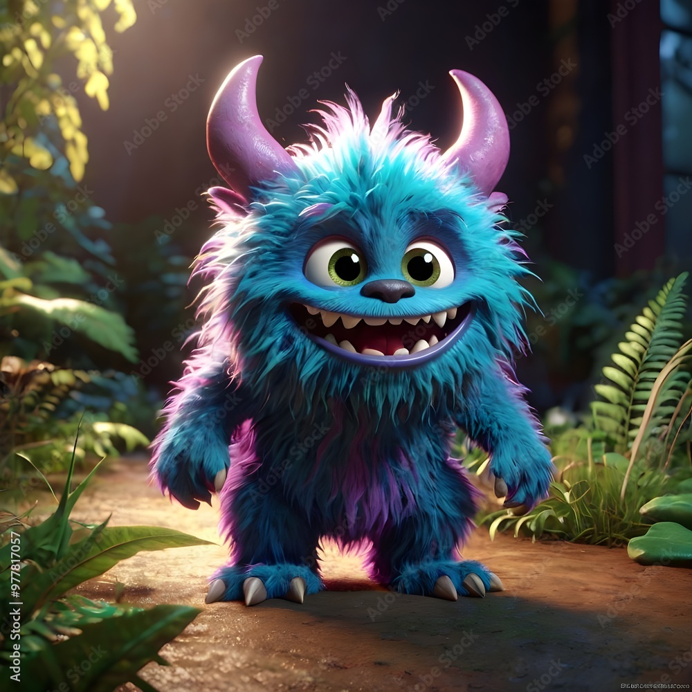 Cute cartoon 3D illustration of a cute happy monster in front of you on the screen Cute cartoon 3D illustration of a cute happy monster in front of you on the screen