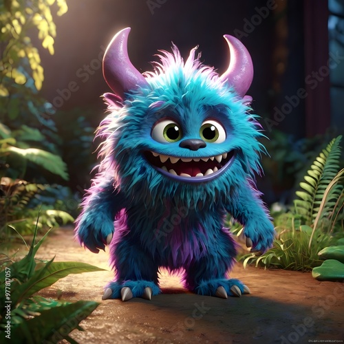 Cute cartoon 3D illustration of a cute happy monster in front of you on the screen