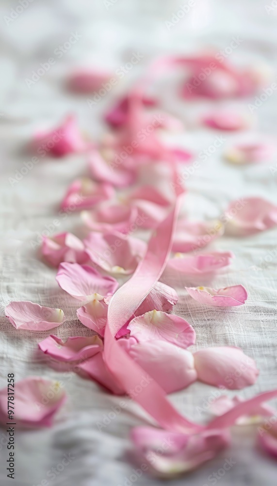 Pink Rose Petals Arranged in Ribbon Shape on White Table, Symbolizing Beauty and Support Pink Rose Petals Arranged in Ribbon Shape on White Table, Symbolizing Beauty and Support