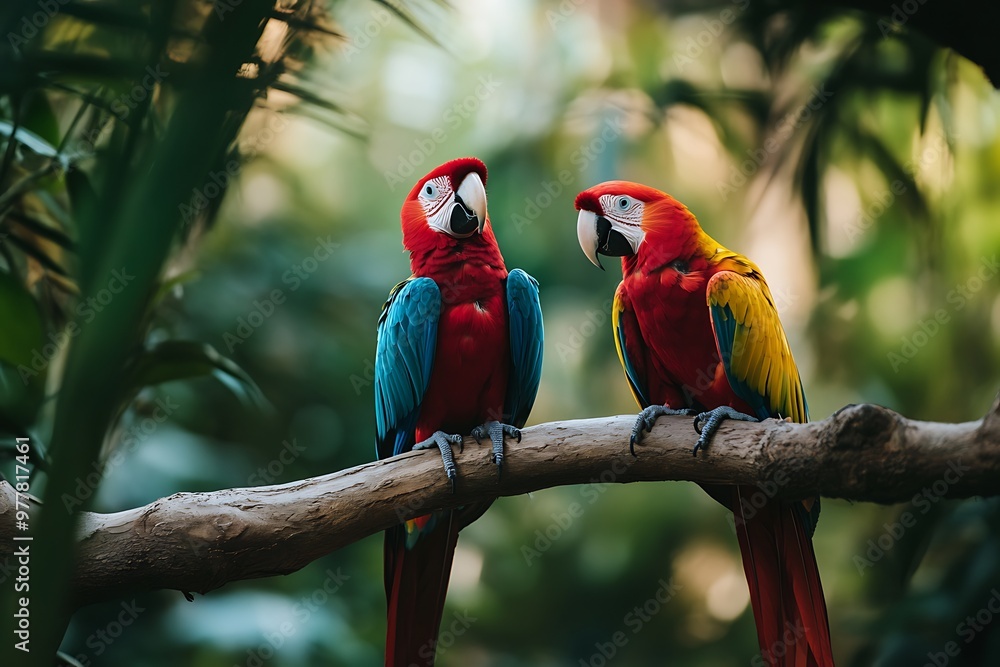 Obraz premium Two Scarlet Macaws Perched on Branch in Tropical Rainforest