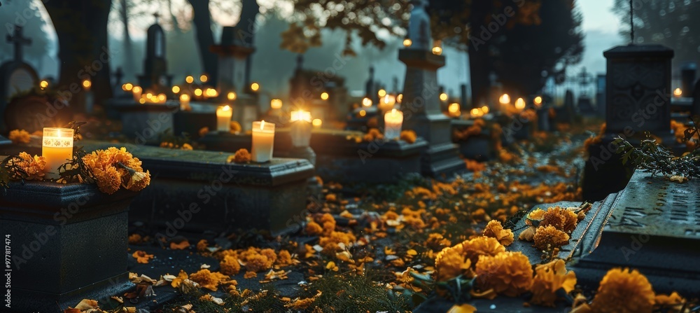 Day of the Dead Cemetery at Dusk with Marigold Petals and Candlelight for Honoring Loved Ones Day of the Dead Cemetery at Dusk with Marigold Petals and Candlelight for Honoring Loved Ones