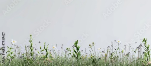 Summer field grass and wildflowers edge a gray background Copy space Flat lay