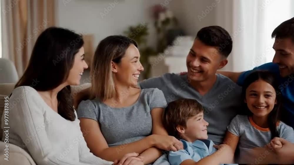 Happy family spending time together at home. Happy young family sitting on the sofa Mother, father, son, daughter. Beautiful family laughing Happy family spending time together at home. Happy young family sitting on the sofa Mother, father, son, daughter. Beautiful family laughing