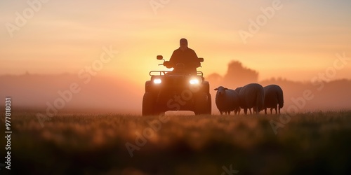 A UK farmer on a quad bike in a misty morning field, sheep walking closely behind the bike