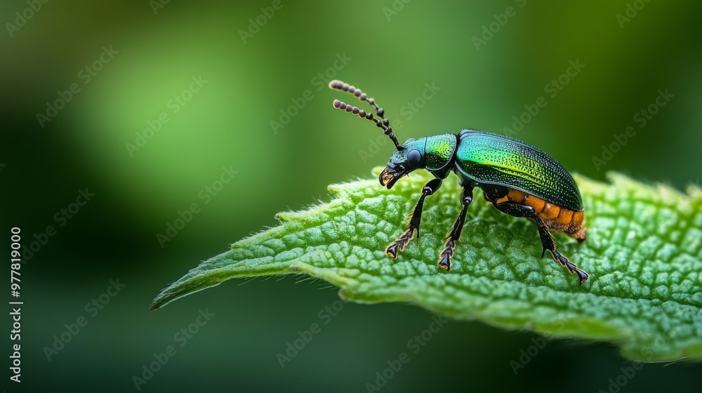 A close-up shot of a green beetle with orange markings perched on a green leaf. A close-up shot of a green beetle with orange markings perched on a green leaf.