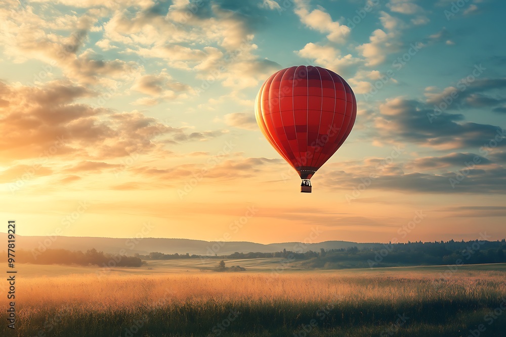Obraz premium Red hot air balloon flying over a field at sunset, with clouds and a golden sky.