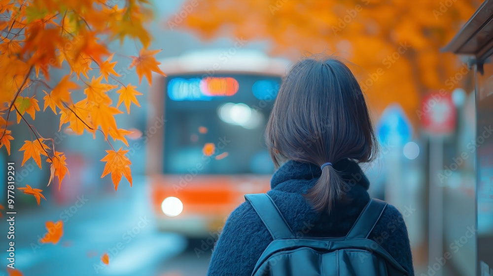 Obraz premium A female traveler, viewed from behind, waits at a bus stop in Japan during autumn