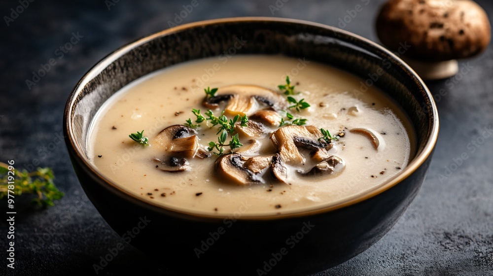 A bowl of cream of mushroom soup made with milk, isolated on a deep charcoal background for a dramatic contrast A bowl of cream of mushroom soup made with milk, isolated on a deep charcoal background for a dramatic contrast