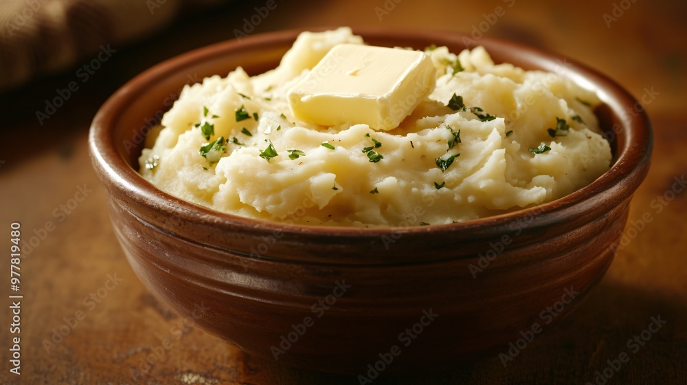 A bowl of creamy milk-based mashed potatoes with a pat of butter, isolated on a warm brown background for a homey feel A bowl of creamy milk-based mashed potatoes with a pat of butter, isolated on a warm brown background for a homey feel