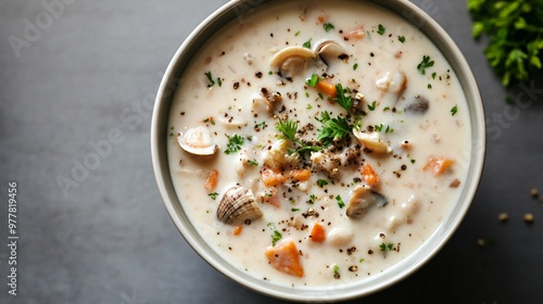 A bowl of creamy milk-based clam chowder, isolated on a smooth grey background for a high-end, minimalist presentation